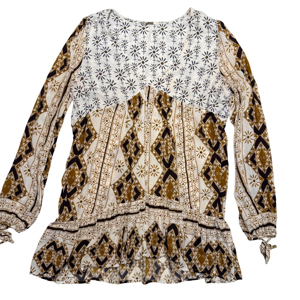 Free People Down By The Bay Tunic Size M Long Sleeve Boho Indie Ivory Flowy - Picture 2 of 5